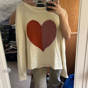 Madewell Cream Sweater with Red and Mauve Split Heart